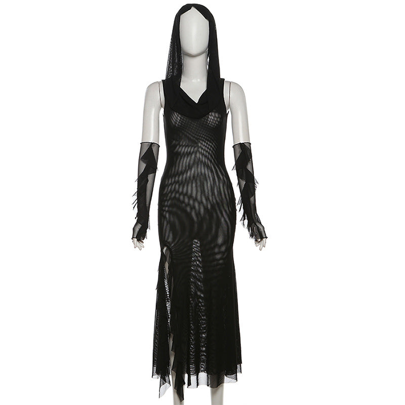 Sleeveless solid mesh slit gloves hoodie midi dress