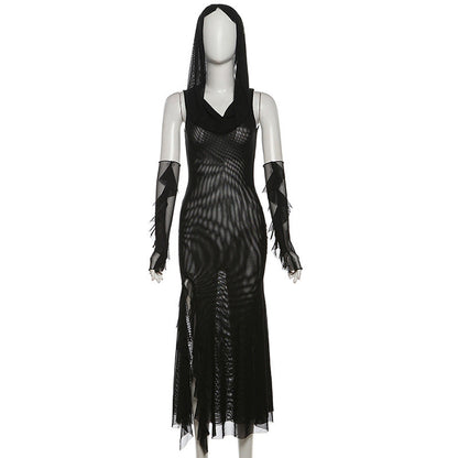Sleeveless solid mesh slit gloves hoodie midi dress