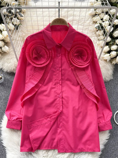 Ruffles Pleated Flower Patch Long Shirt