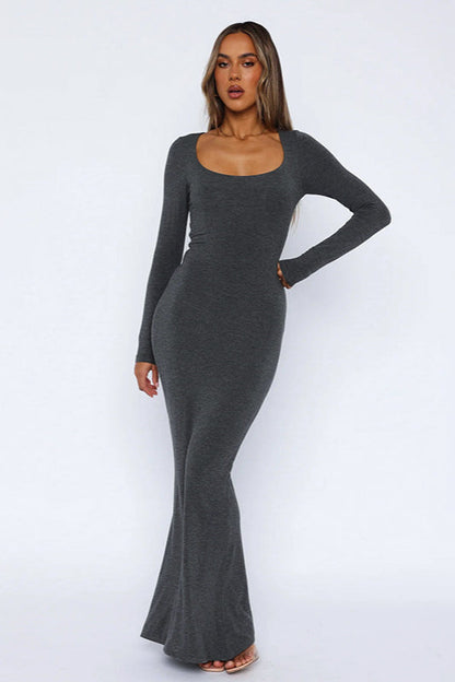 Fitted Round Neck Long Sleeve Maxi Dress