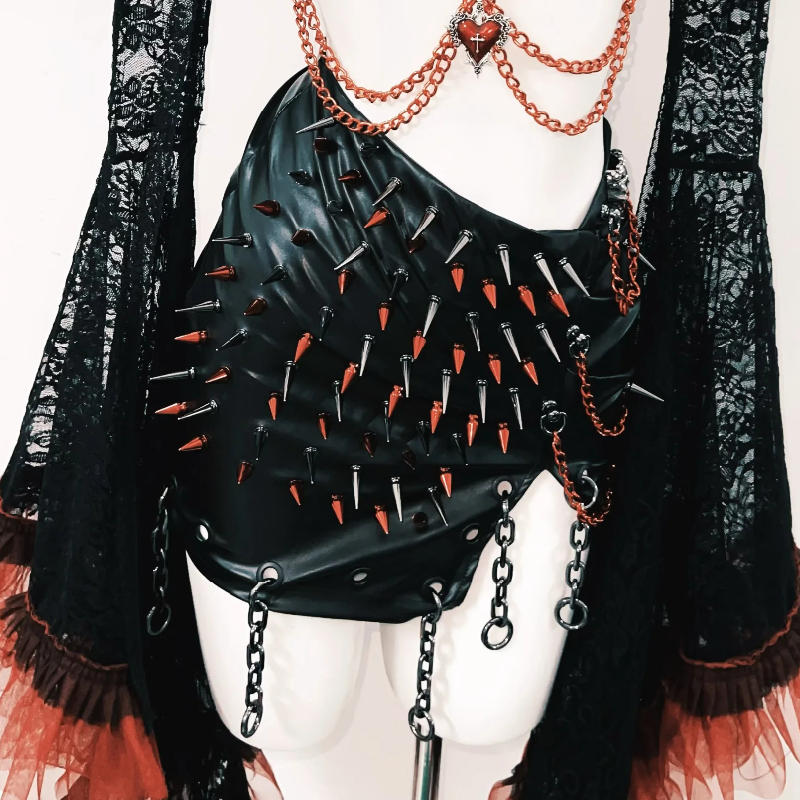 Long flared sleeve halter PU leather o ring rivet mini skirt set