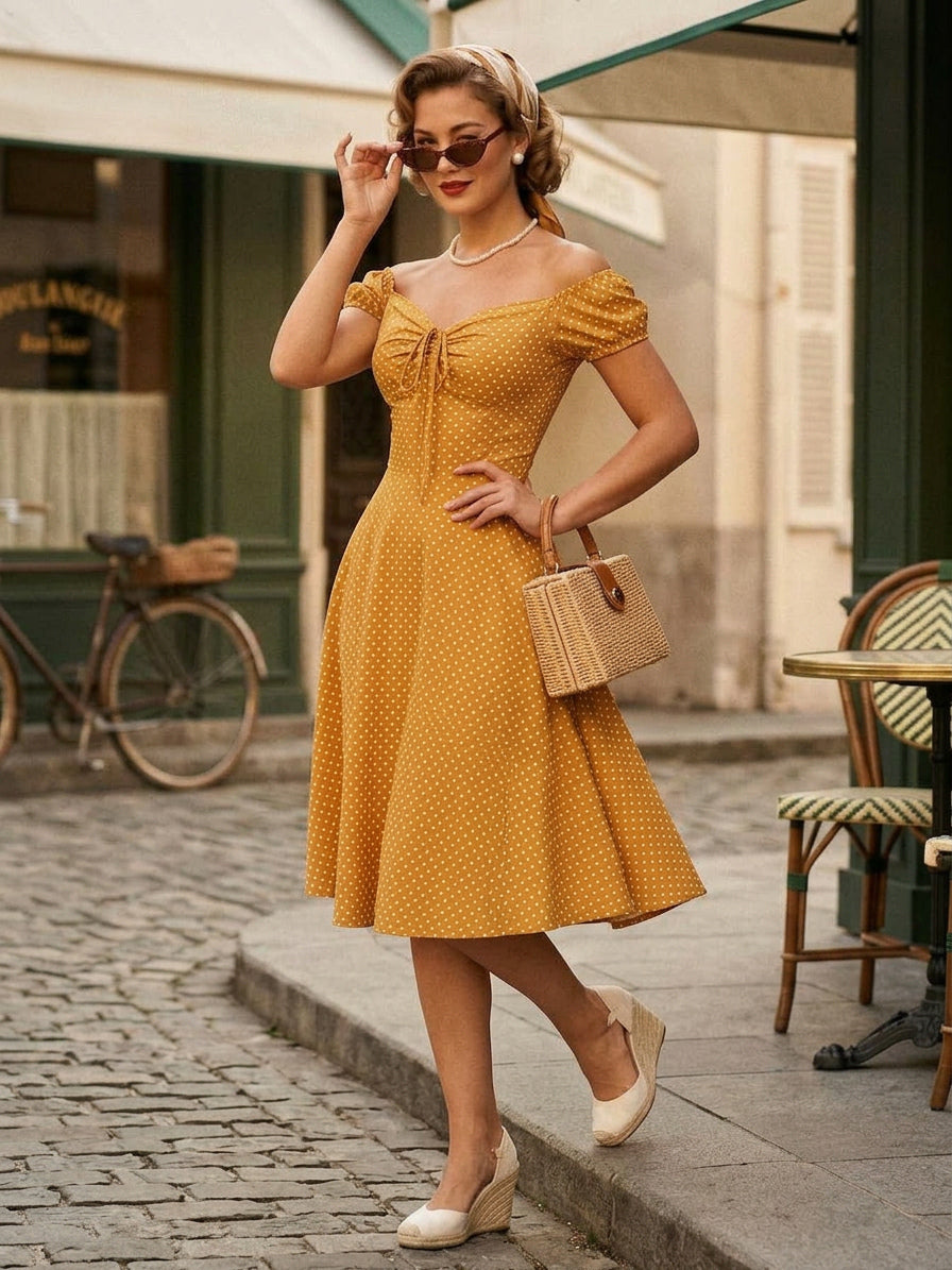 Polka Dot Midi Vintage Dress With Puff Sleeve And Front Tie 2026