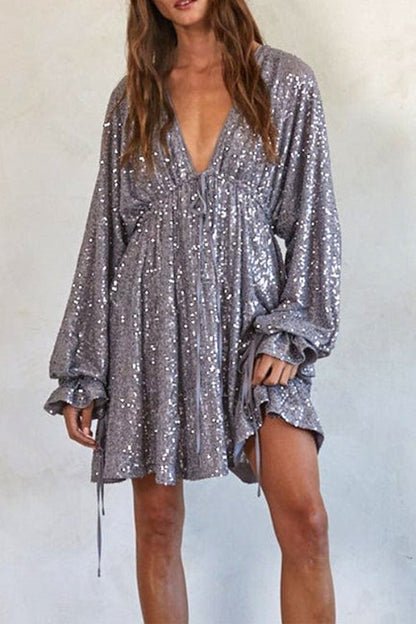 V Neck Balloon Sleeves Backless Drawstring Sequin Dress