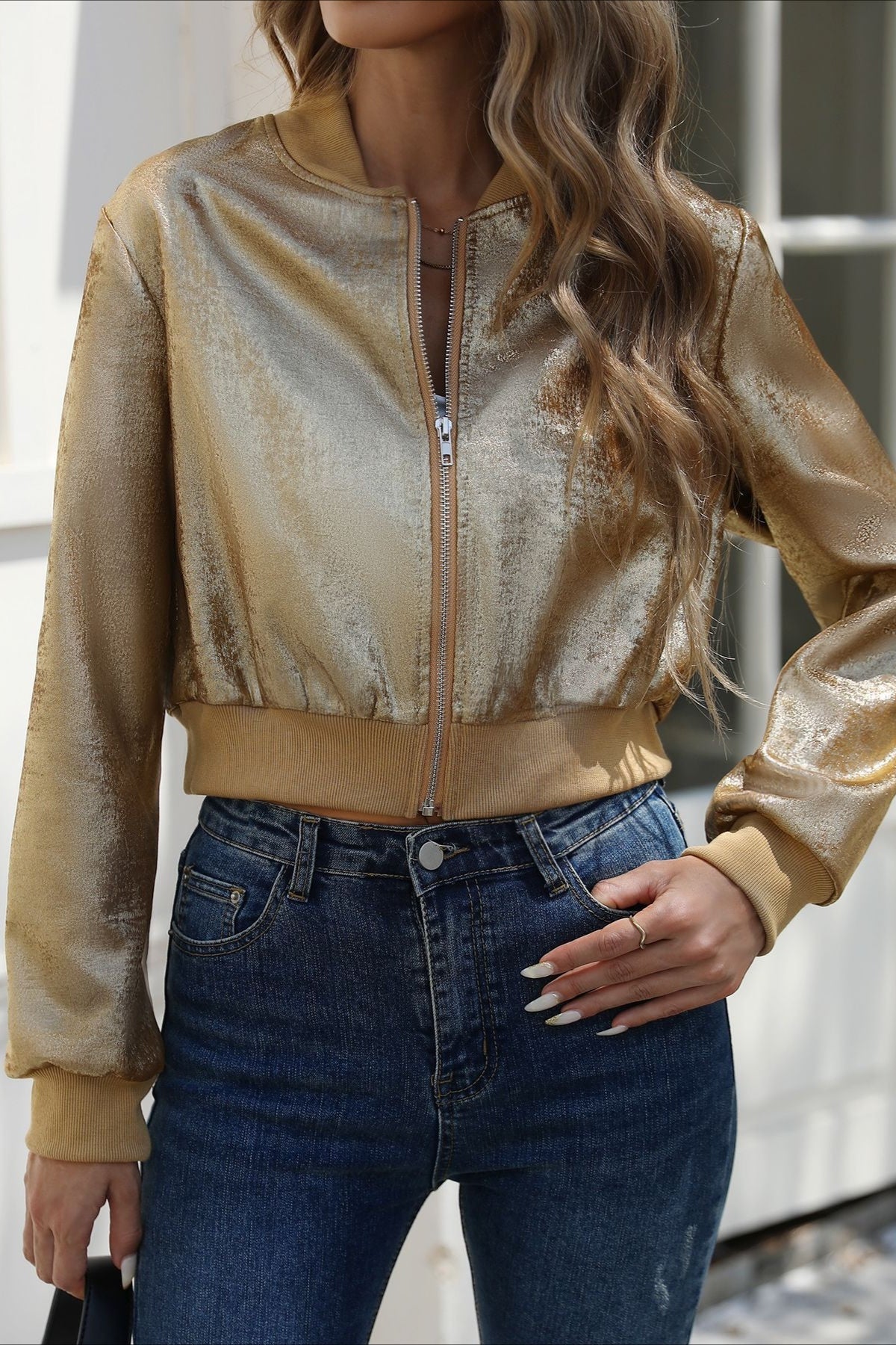 Shiny Foil Long Sleeve Zip Jacket