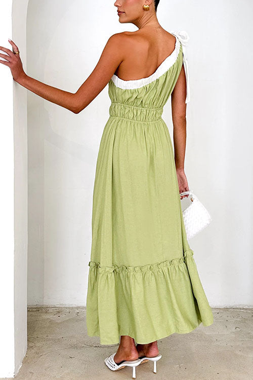 Meridress Tie Bow One Shoulder Waisted Ruffle Maxi Dress