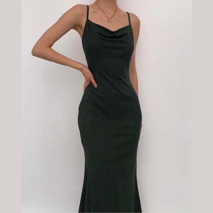 Ribbed Knit Spaghetti Strap Cowl Neck Bodycon Maxi Dress