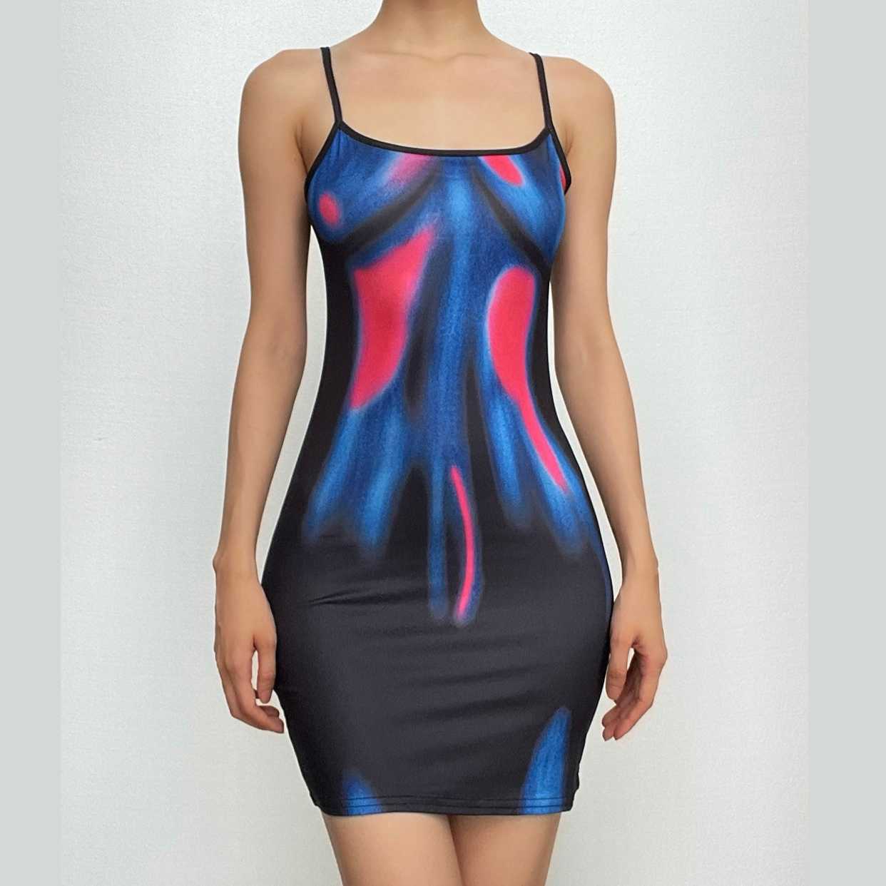 Abstract Thermal Print Scoop Neck Contrast Trim Spaghetti Strap Bodycon Mini Dress