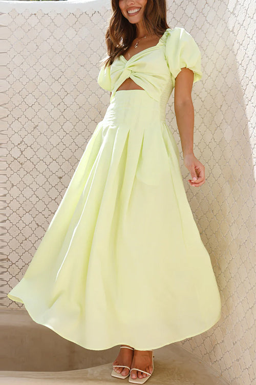 Meridress Puff Sleeves Twist Front Cut Out Swing Maxi Dress