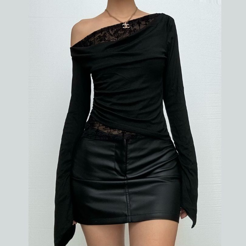 Off shoulder long flared sleeve mesh patchwork top