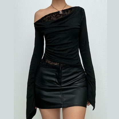 Off shoulder long flared sleeve mesh patchwork top