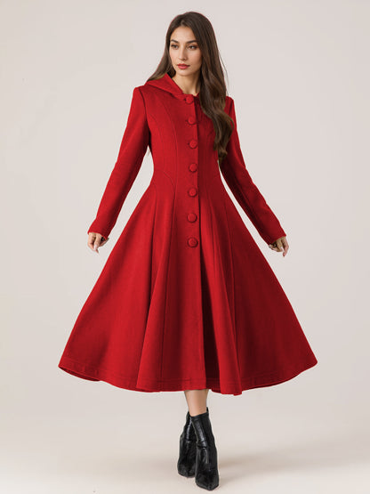 Woolen Flared Coat With Hood For Woman Red A-line Long Winter Outerwear 2026