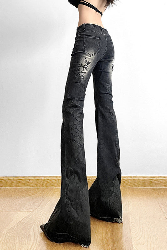 Vintage Plant Print Flared Jeans