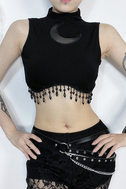 High Neck Sleeveless Moon Cutout Fringe Crop Top