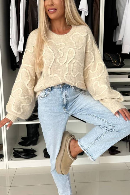 Beautiful Mood Knit Contrast Color Sewing Line Pattern Loose Sweater