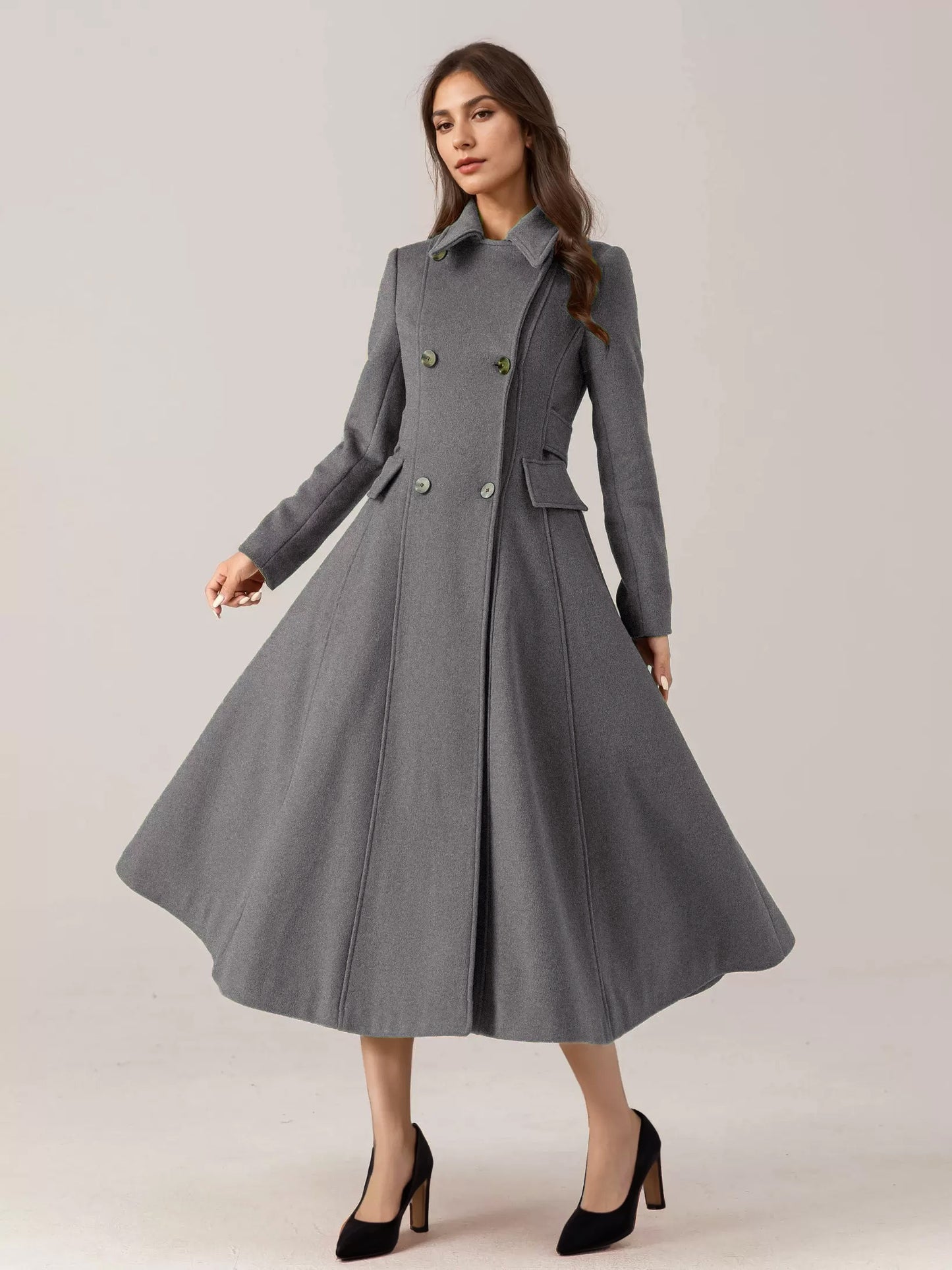 Flared Wool Blend Coat For Woman Red Turndown Collar Double-breasted Elegant 2026 Winter Outerwear