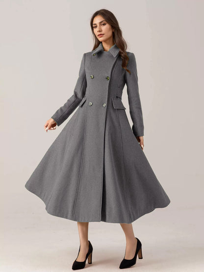 Flared Wool Blend Coat For Woman Red Turndown Collar Double-breasted Elegant 2026 Winter Outerwear
