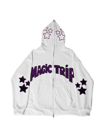 Letter Star Print Contrast Color Oversized Hoodie