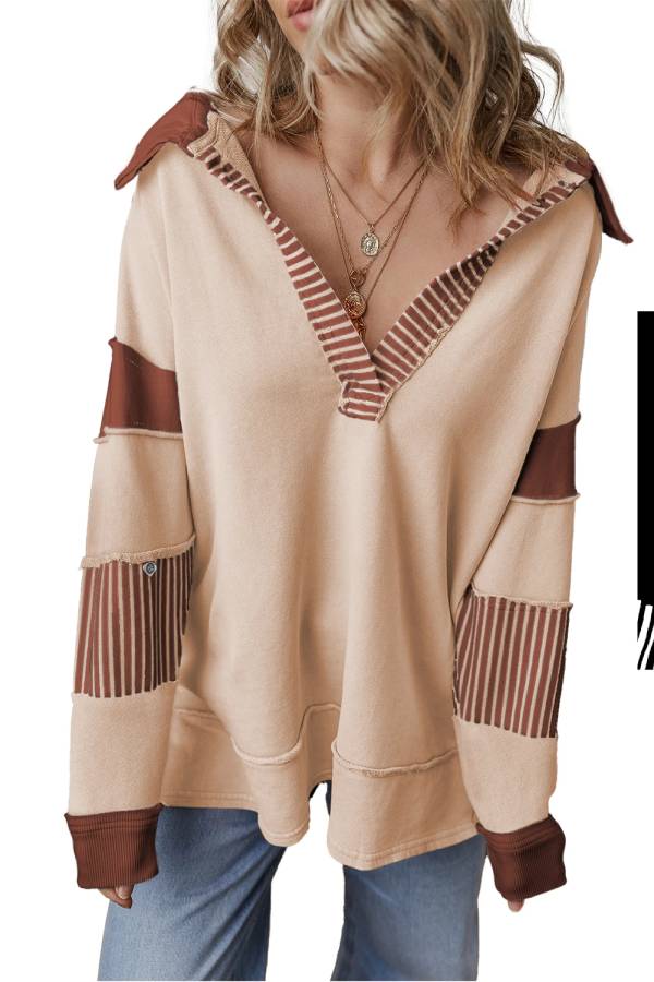 Light French Beige Striped Patchwork Collar Sweatshirt