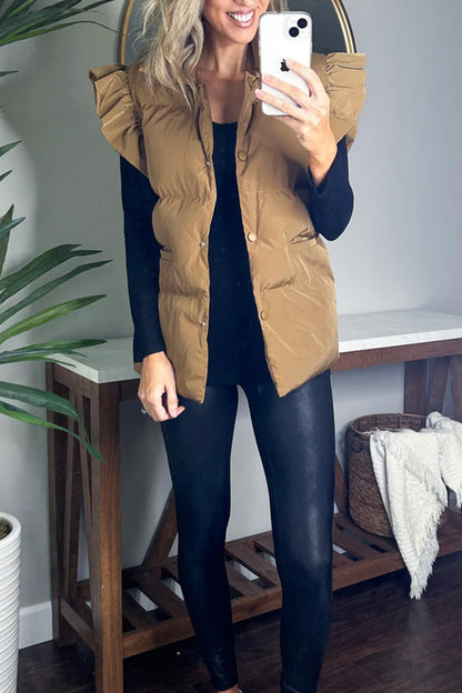 Casual stand-up collar, buttoned double pockets, flying ruffled sleeves vest