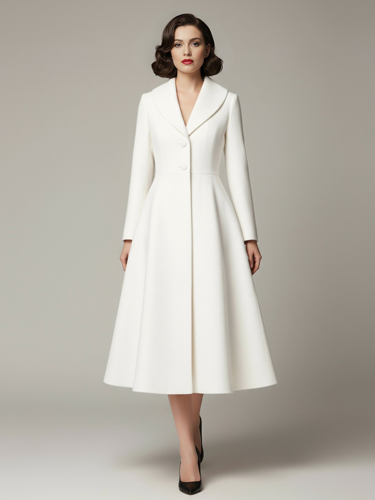 Vintage Unique Lapel A-line Woolen Flared Coat In White For Women 2026