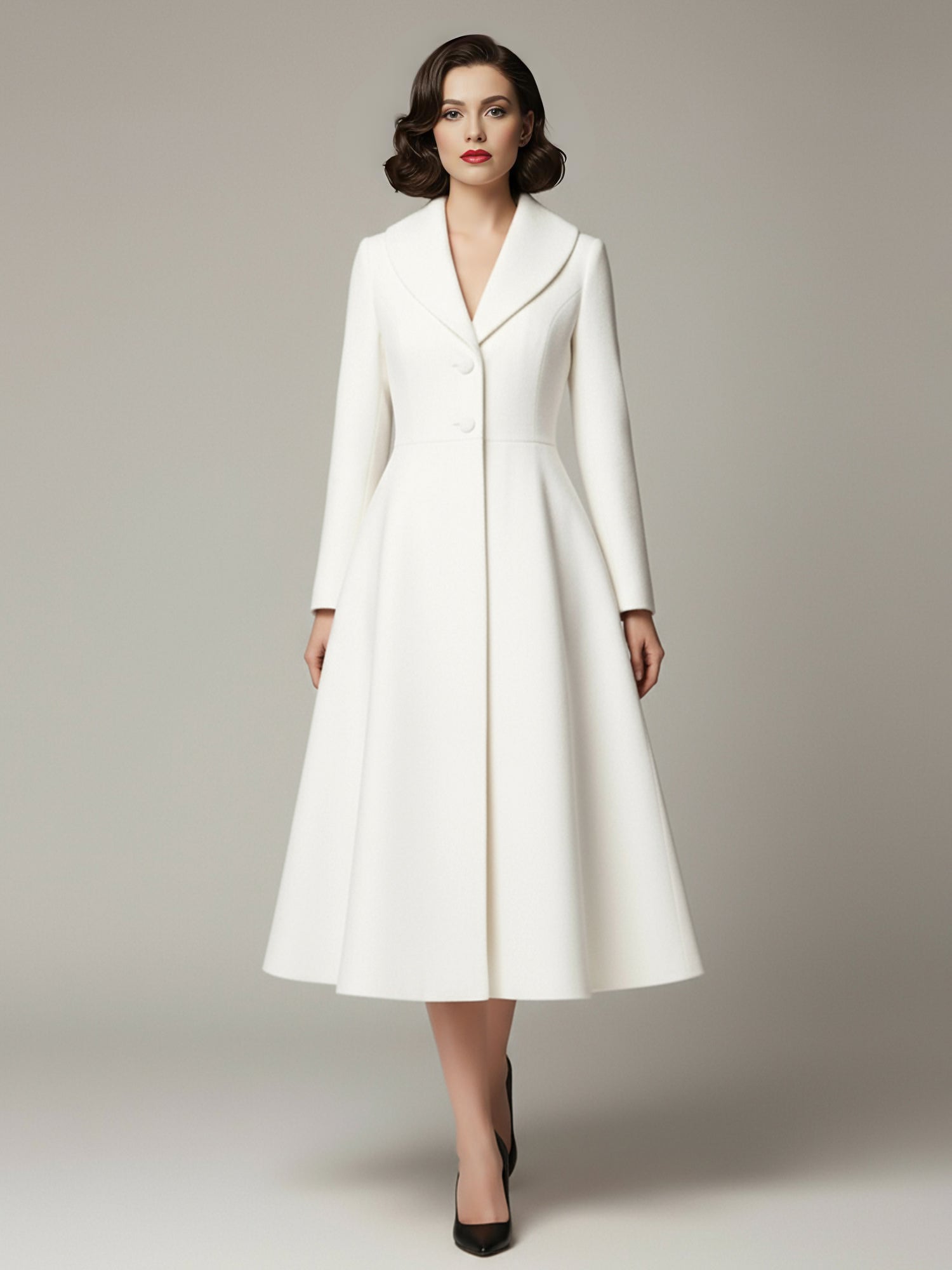 Vintage Unique Lapel A-line Woolen Flared Coat In White For Women 2026