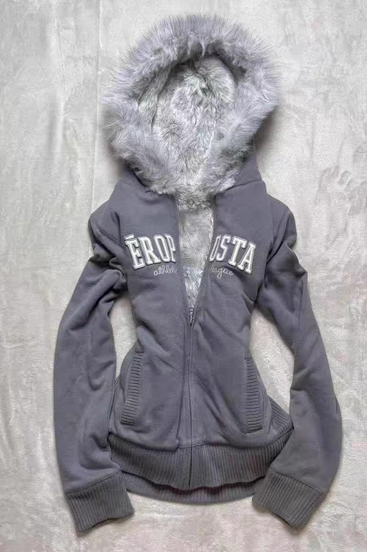 Vintage Grey Fleece Lined American Retro Stylish Hoodie