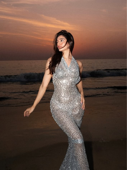 See Through Sequins Tied Halterneck Backless Maxi Dress