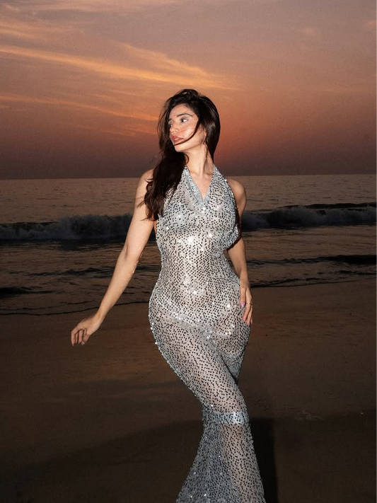 See Through Sequins Tied Halterneck Backless Maxi Dress