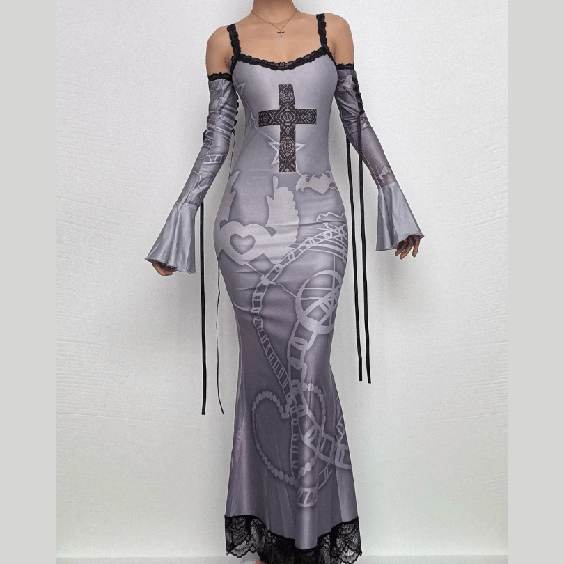 Long flared sleeve off shoulder cross print lace cami maxi dress