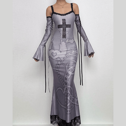 Long flared sleeve off shoulder cross print lace cami maxi dress