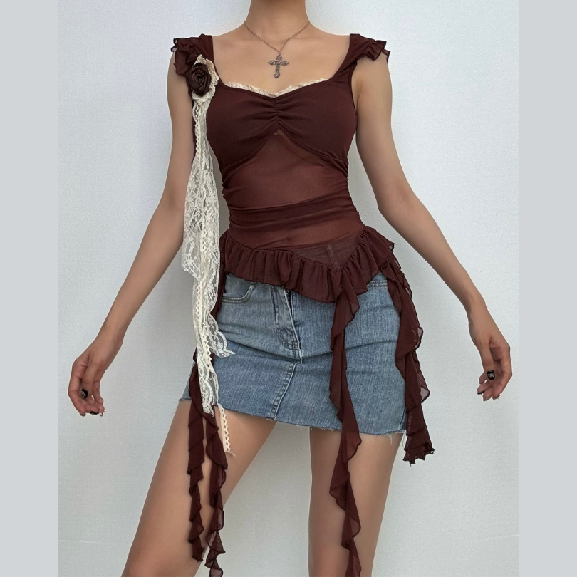 Flower applique lace hem mesh irregular cami top