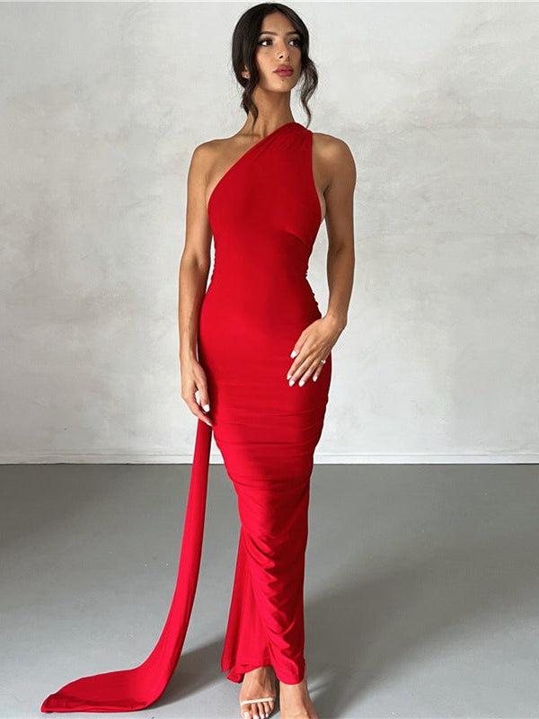 One Shoulder Backless Ruched Maxi Dress