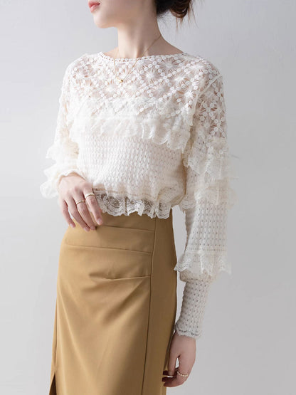 Allison Retro Crew Neck Solid Color Patchwork Lace Top