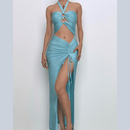 Halter drawstring solid slit hollow out o ring self tie cut out midi dress-final-sale