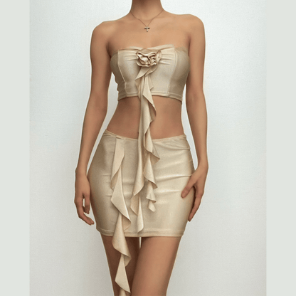 Flower applique solid ruffle irregular backless tube mini skirt set