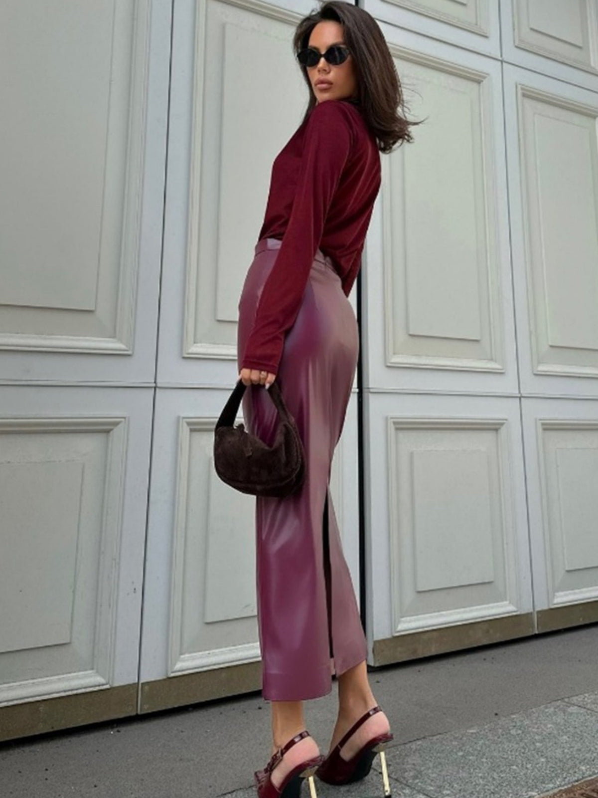 Leather Stitching High-waisted Slim Fit Hip Body Side Slit Long Skirts