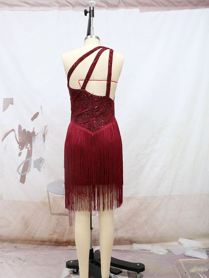Burgundy One Shoulder Tassel Backless Sequins Dress