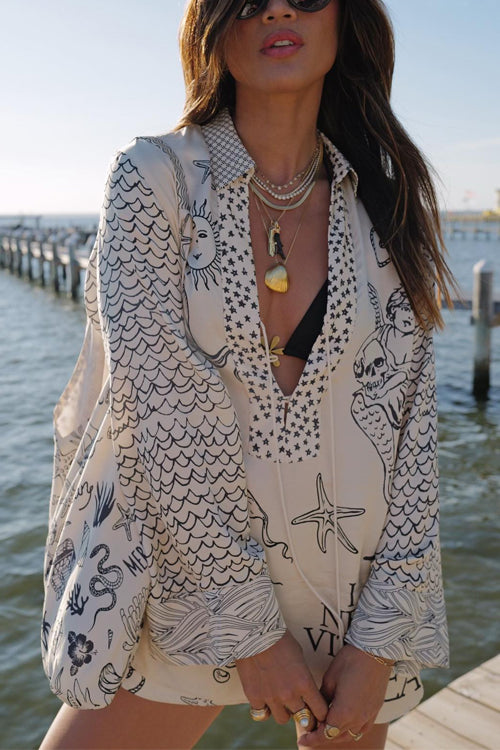 Meridress Collared V Neck Shirt and Side Slit Shorts Vitamin Sea Print Set