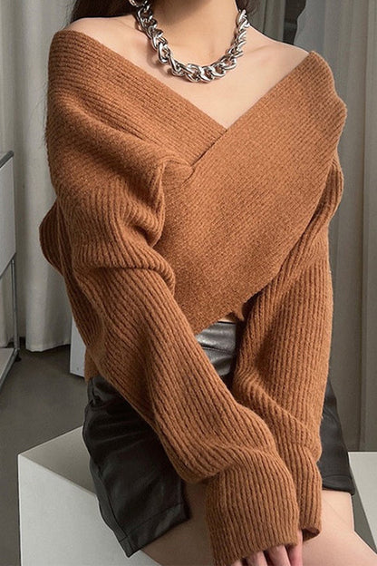 V Neck Criss Cross Front Ribbed Knit Sweater