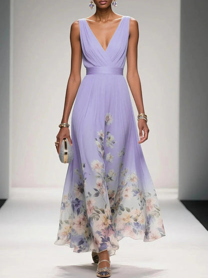 V-neck Sleeveless Floral Print Long Dress