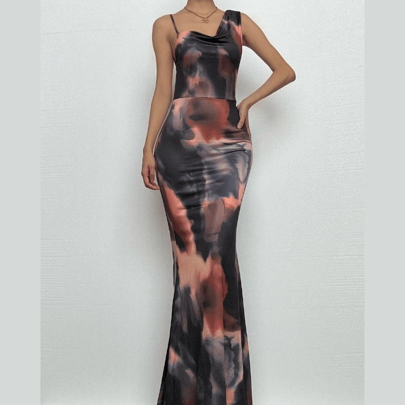 Cowl neck tie dye print backless cami maxi dress