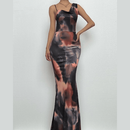 Cowl neck tie dye print backless cami maxi dress