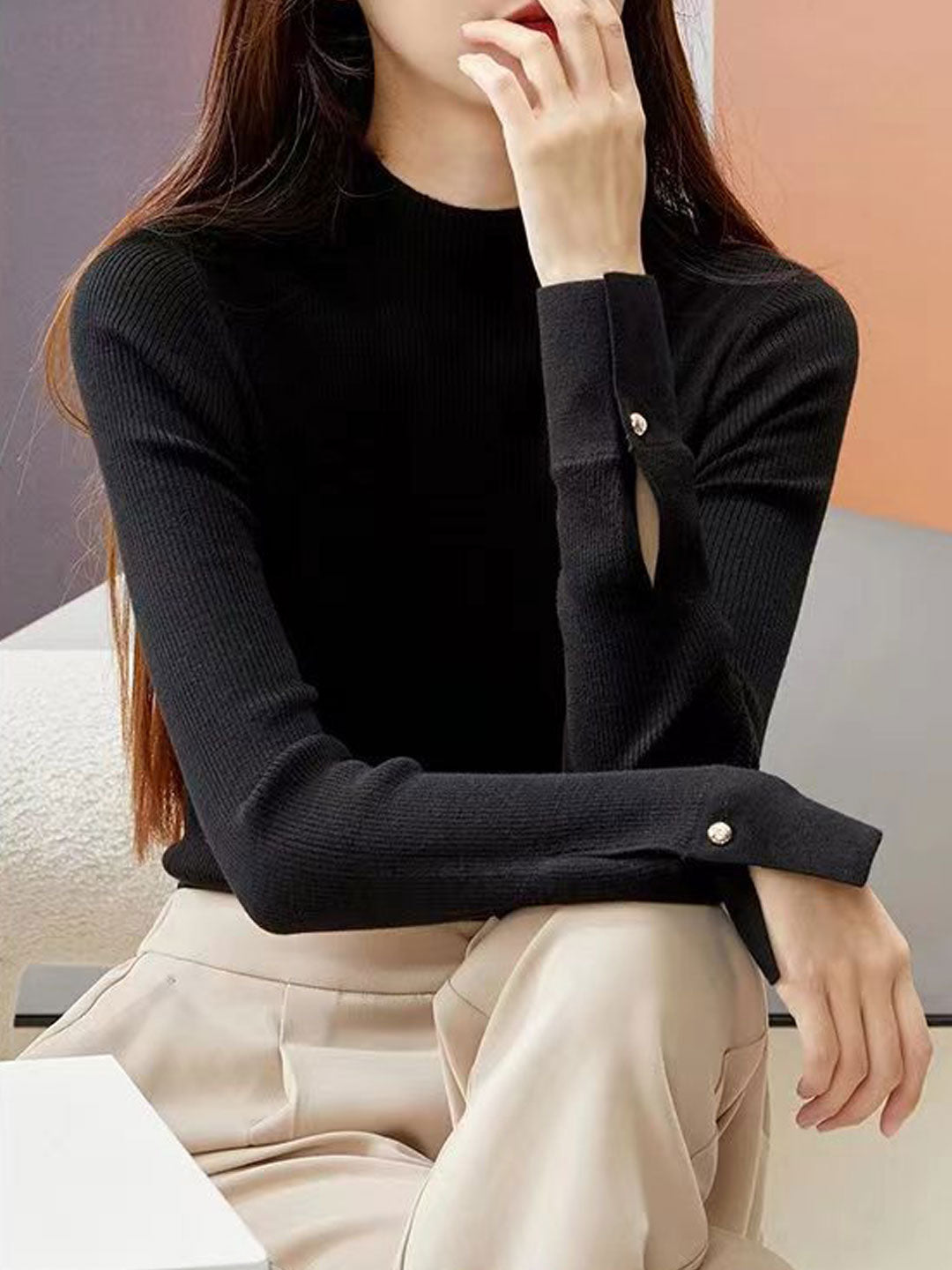 Sophia Classic Turtleneck Solid Color Knitted Sweater-Coffee