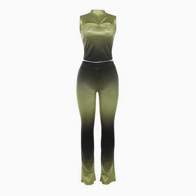 Sleeveless gradient crewneck ruched hollow out pant set