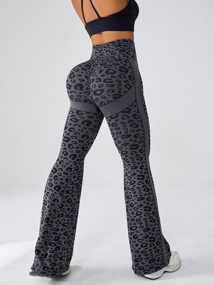 Leopard Print Splicing Abdominal Tightening And Buttock Lifting Flared Pants Fitness Exercise Pants