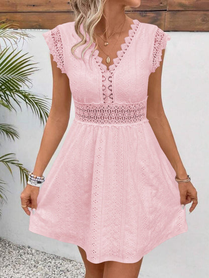 Lace Trim Openwork Jacquard V-neck, Fitted Waist Mini&Short Dresses