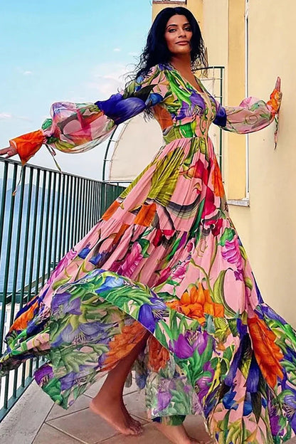 Deep V Lantern Sleeve Printed Swimsuit Set