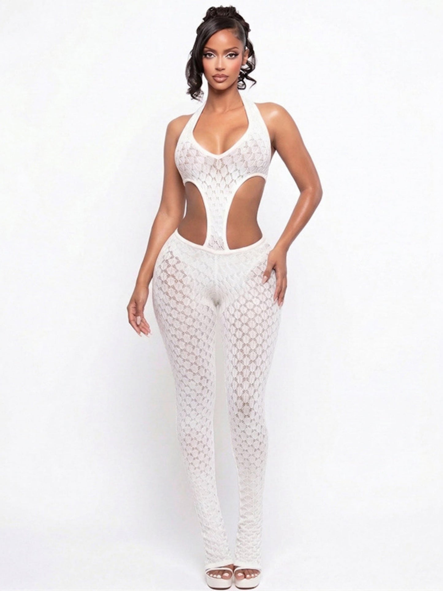 Hollowed-out Perspective Slimming Knitting Deep V Jumpsuits