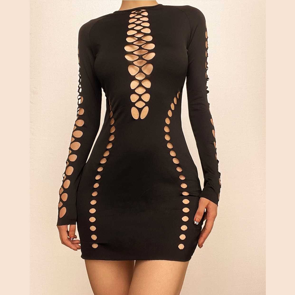 Crew Neck Long Sleeve Hollow-Out Cutout Bodycon Mini Dress