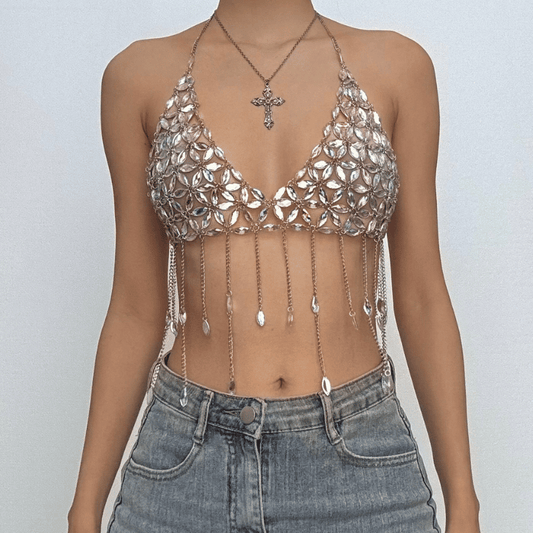 V neck halter tassels backless crop top